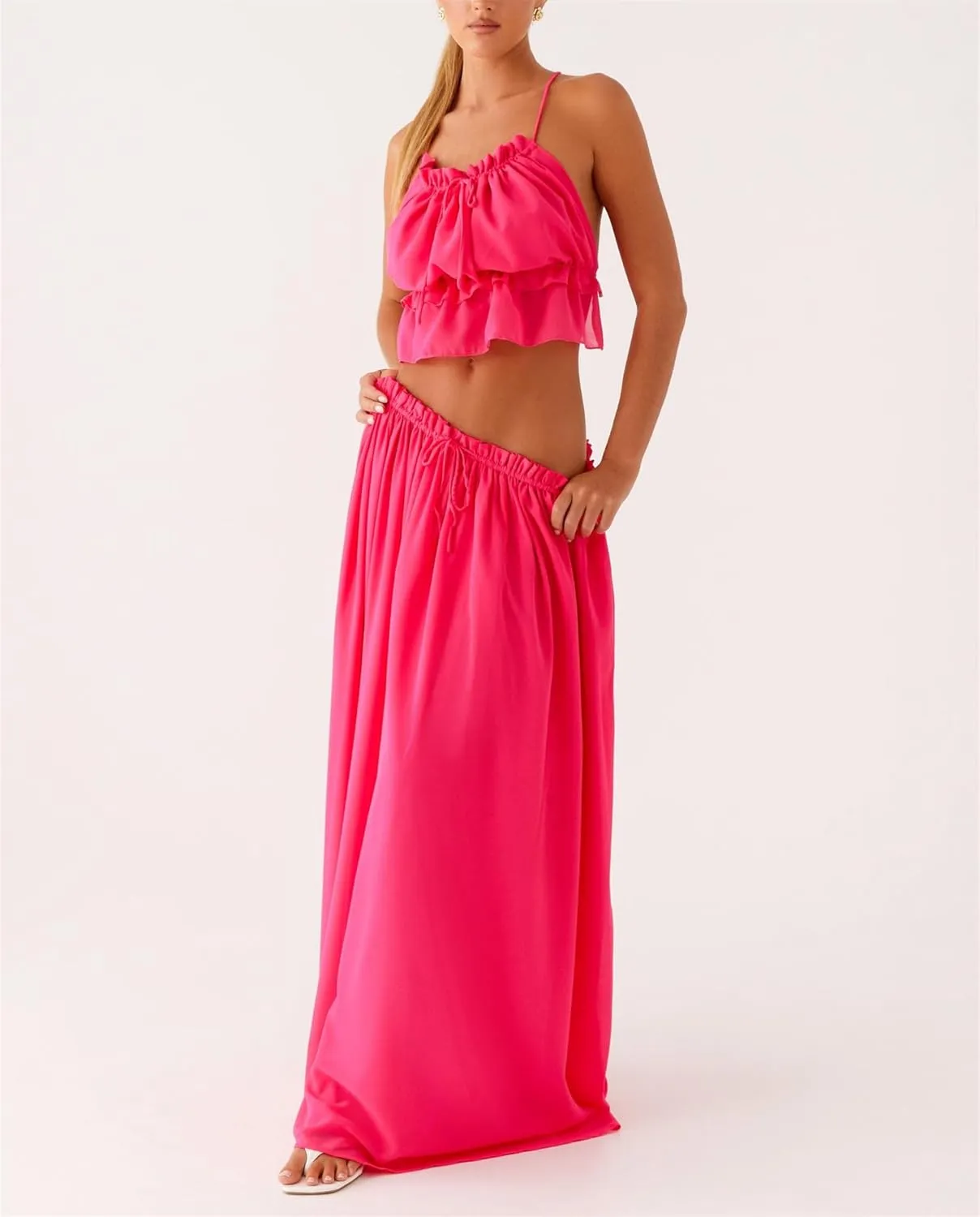 Women's Y2k 2 Piece Outfits Shirred Halter Neck Tie-Up Tank Tops and Ruched Ruffle Maxi Skirt Sets Beachwear