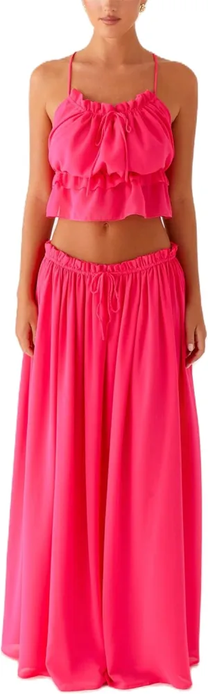 Women's Y2k 2 Piece Outfits Shirred Halter Neck Tie-Up Tank Tops and Ruched Ruffle Maxi Skirt Sets Beachwear