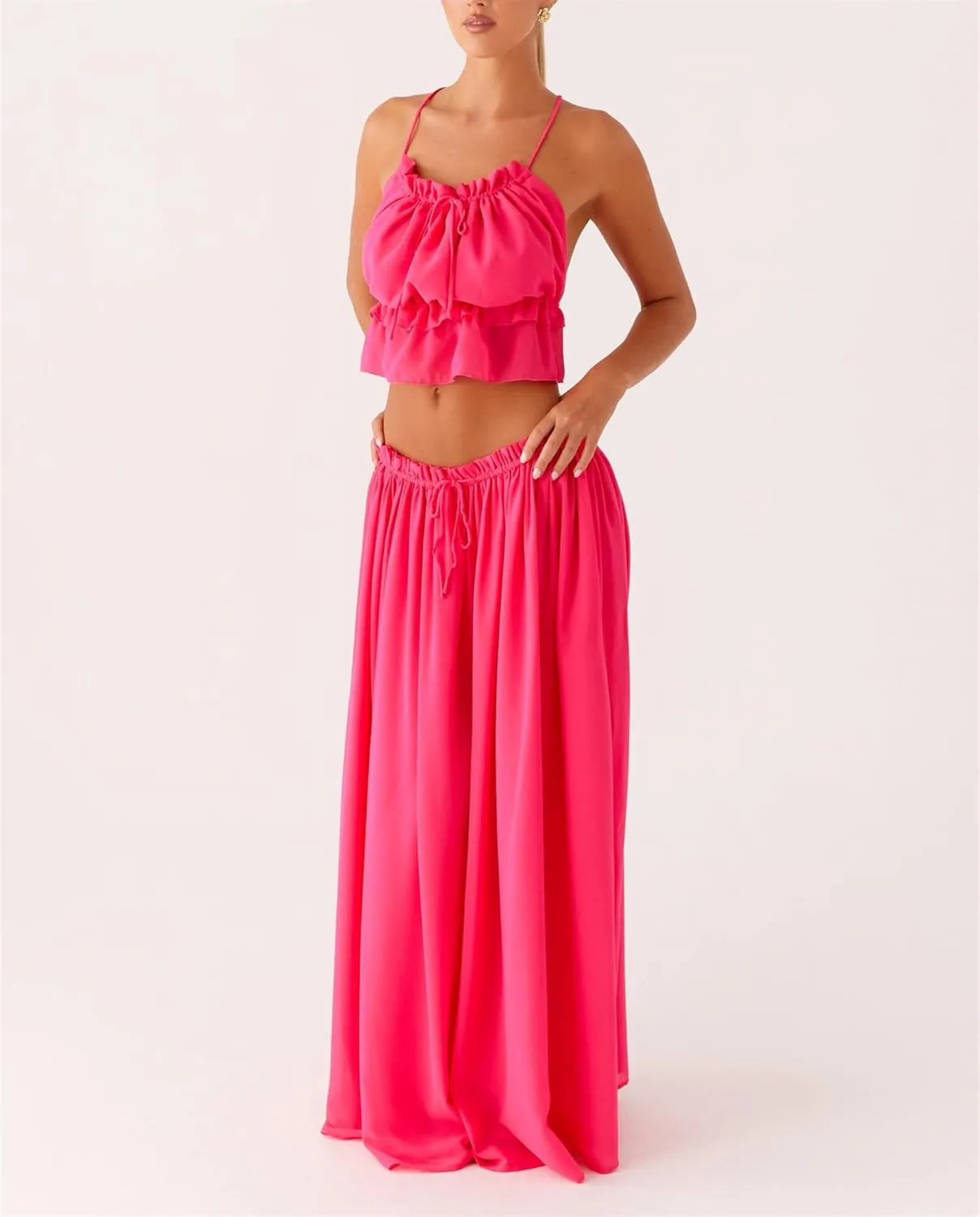 Women's Y2k 2 Piece Outfits Shirred Halter Neck Tie-Up Tank Tops and Ruched Ruffle Maxi Skirt Sets Beachwear