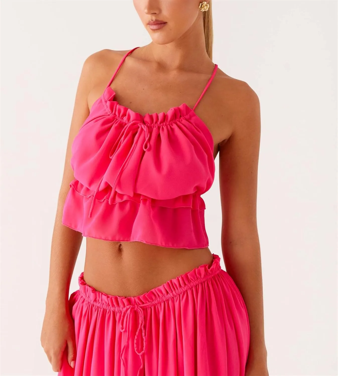 Women's Y2k 2 Piece Outfits Shirred Halter Neck Tie-Up Tank Tops and Ruched Ruffle Maxi Skirt Sets Beachwear