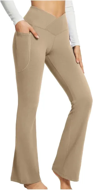 Women's Yoga Pants with Pockets Yoga Suit Long Crossover High Waisted Flare Leggings Tummy Control Workout Casual Pant