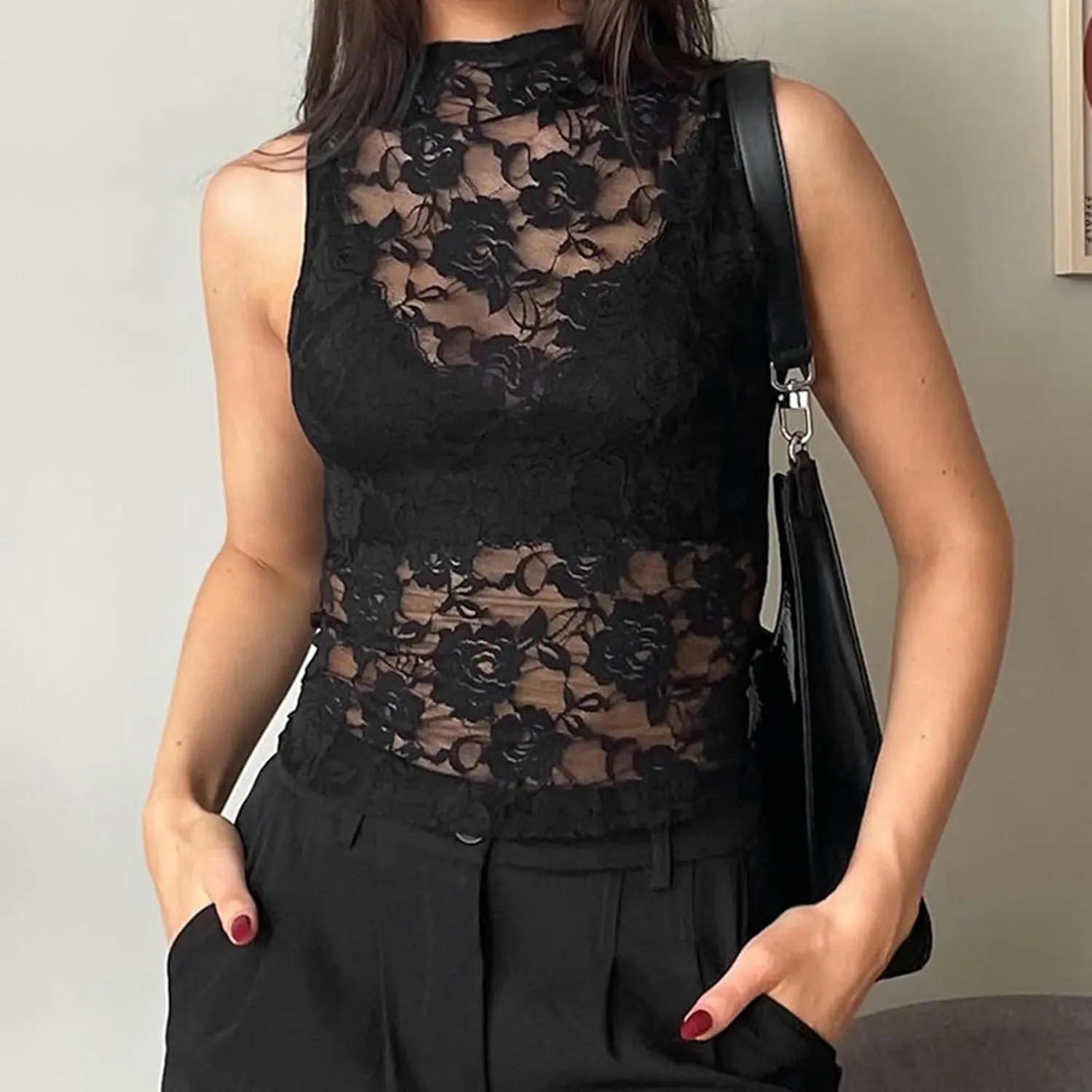 Wome's Sleeveless Lace Camisole Mesh See Through Floral Sheer Mock Neck Tank Tops Sexy Slim Clubwear