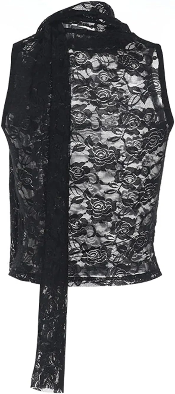 Wome's Sleeveless Lace Camisole Mesh See Through Floral Sheer Mock Neck Tank Tops Sexy Slim Clubwear