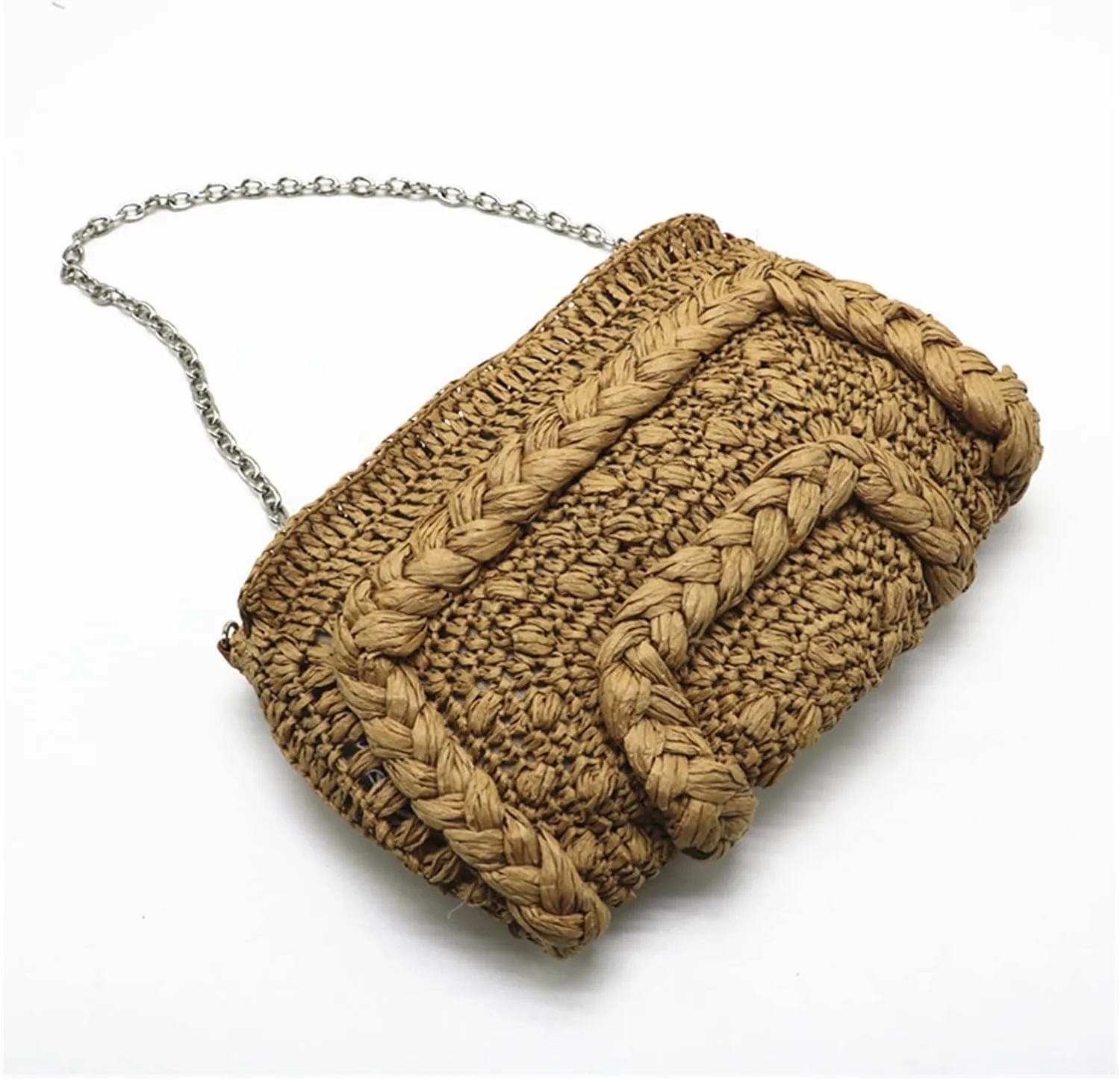 Woven Straw Bag Women Shoulder Bag Chain Knitting Sling Crossbody Bags For Women Handbag Beach Bags(Brown)