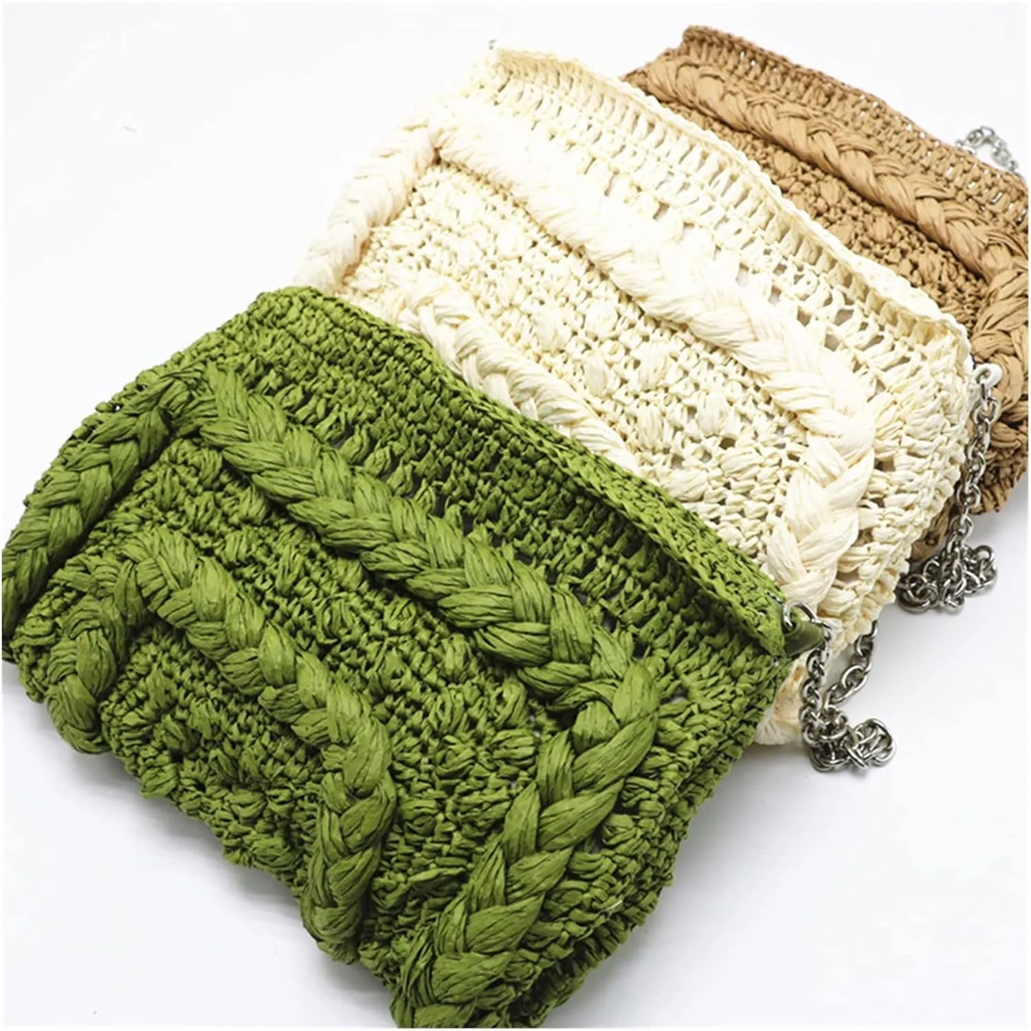 Woven Straw Bag Women Shoulder Bag Chain Knitting Sling Crossbody Bags For Women Handbag Beach Bags(Brown)