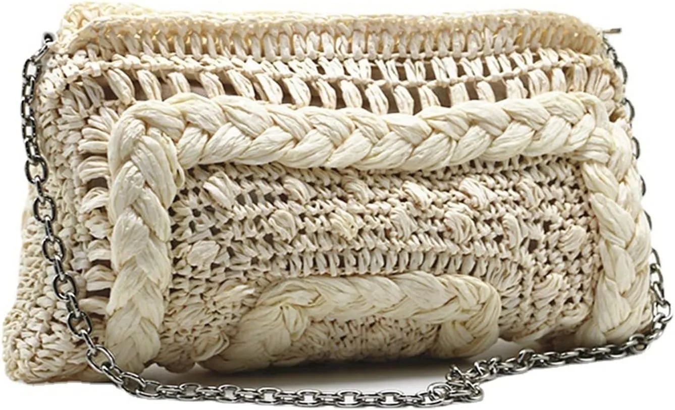 Woven Straw Bag Women Shoulder Bag Chain Knitting Sling Crossbody Bags For Women Handbag Beach Bags(Brown)