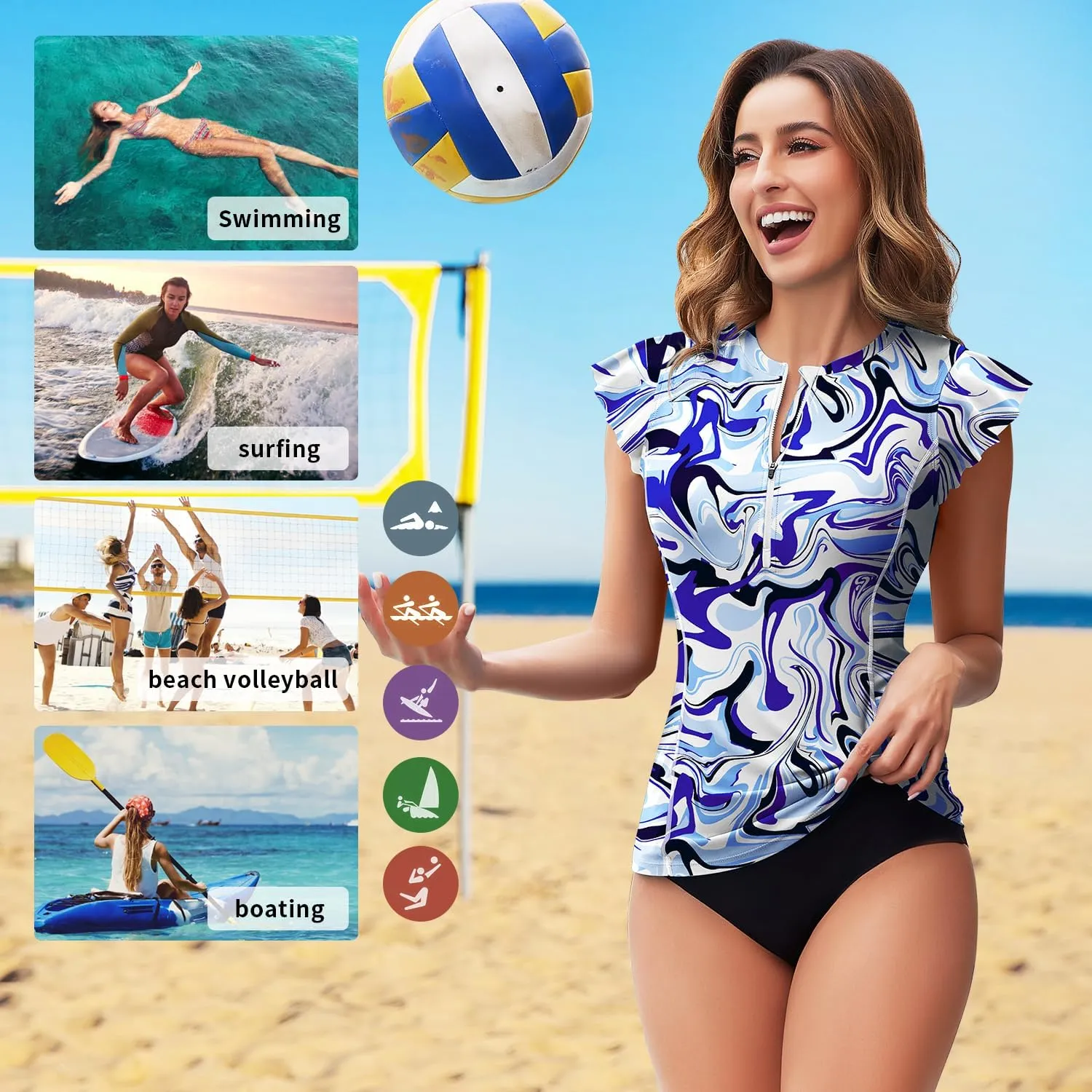 WOWENY Womens Padded Rash Guard Short Sleeve Swim Shirts 1/4 Zip UPF 50 Sun Protection Swimsuit Tankini Bathing Suit Top