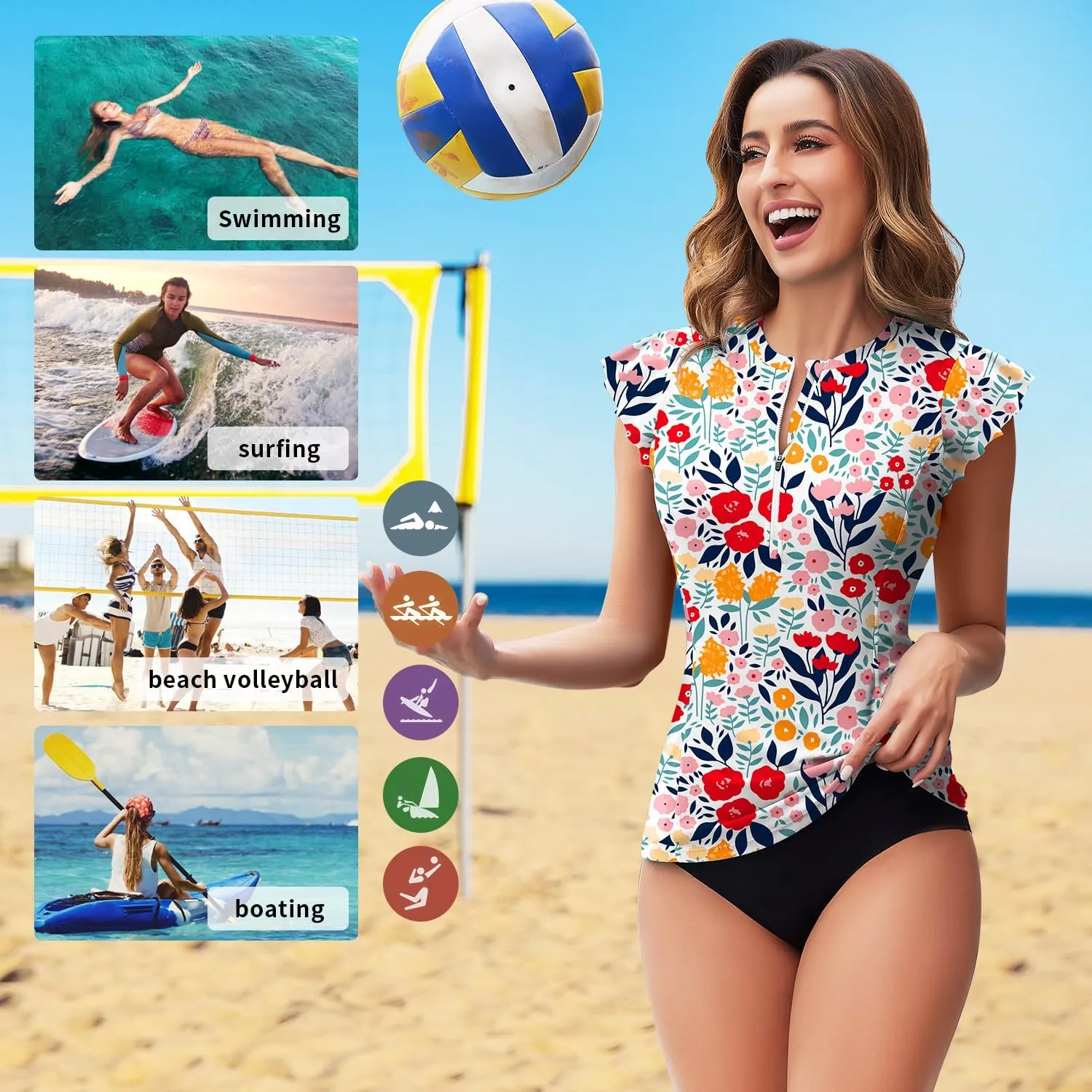 WOWENY Womens Padded Rash Guard Short Sleeve Swim Shirts 1/4 Zip UPF 50 Sun Protection Swimsuit Tankini Bathing Suit Top