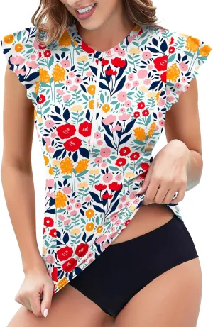 WOWENY Womens Padded Rash Guard Short Sleeve Swim Shirts 1/4 Zip UPF 50 Sun Protection Swimsuit Tankini Bathing Suit Top