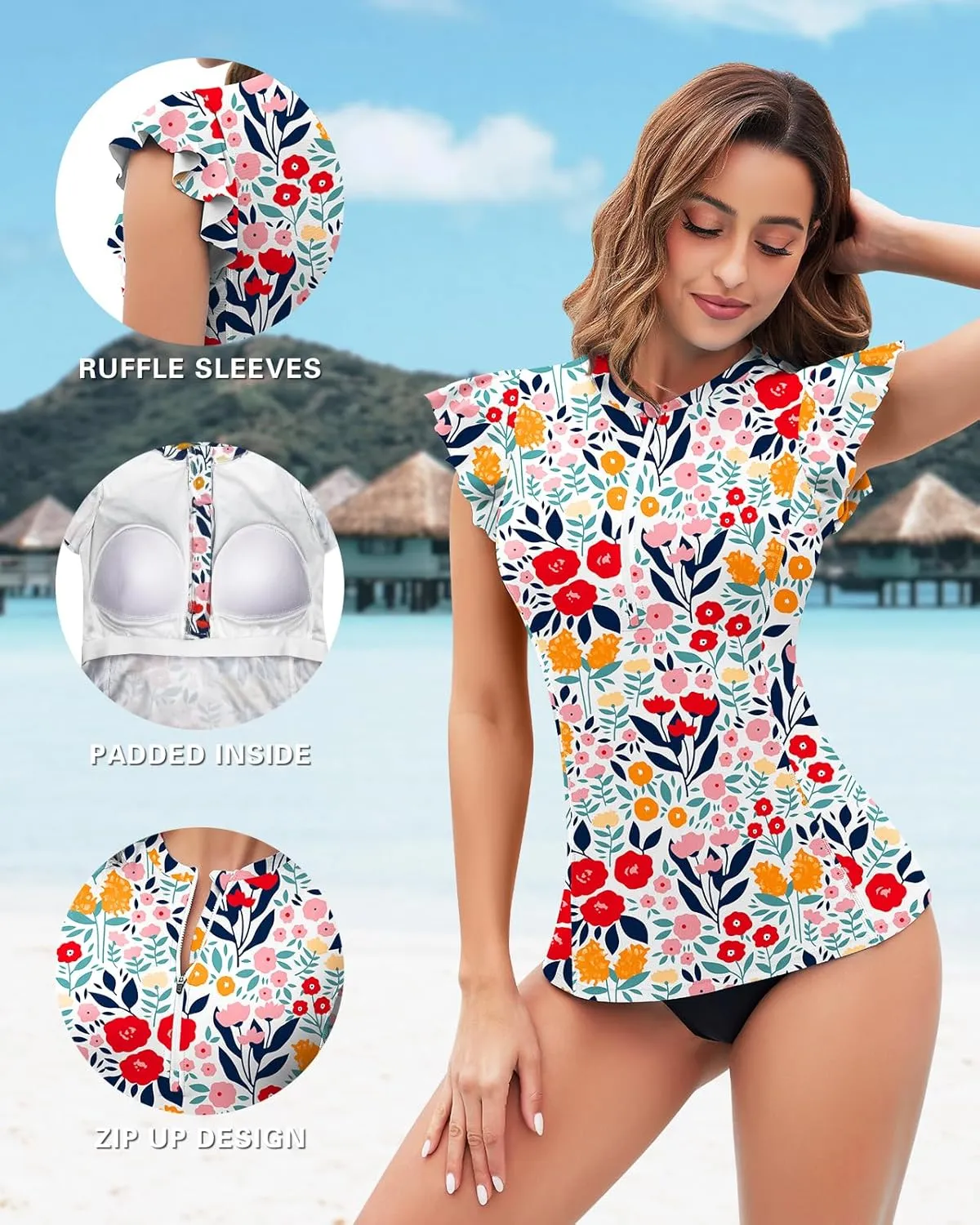 WOWENY Womens Padded Rash Guard Short Sleeve Swim Shirts 1/4 Zip UPF 50 Sun Protection Swimsuit Tankini Bathing Suit Top
