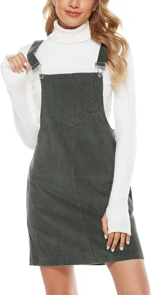 Yeokou Womens Casual Corduroy Bib Knee Length Overalls Pinafore Midi Dress Jumpsuit
