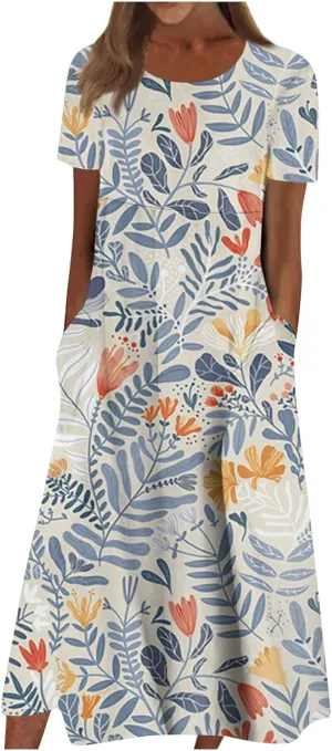 Yesunpxs Summer Dresses for Women Floral Print Loose Maxi Dress Casual Short Sleeves Sundresses Round Neck Beach Dress with