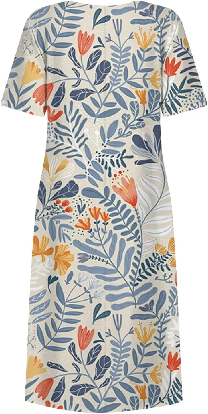 Yesunpxs Summer Dresses for Women Floral Print Loose Maxi Dress Casual Short Sleeves Sundresses Round Neck Beach Dress with