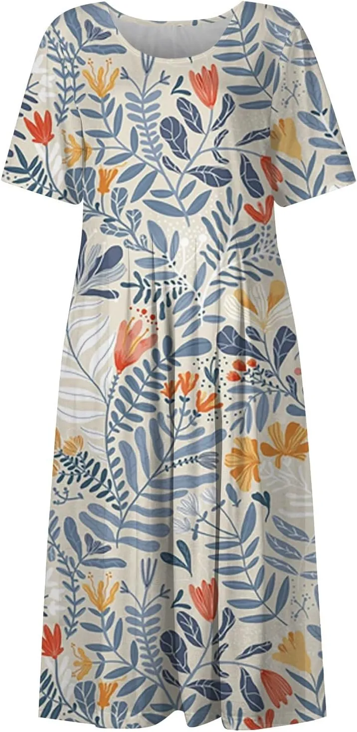 Yesunpxs Summer Dresses for Women Floral Print Loose Maxi Dress Casual Short Sleeves Sundresses Round Neck Beach Dress with