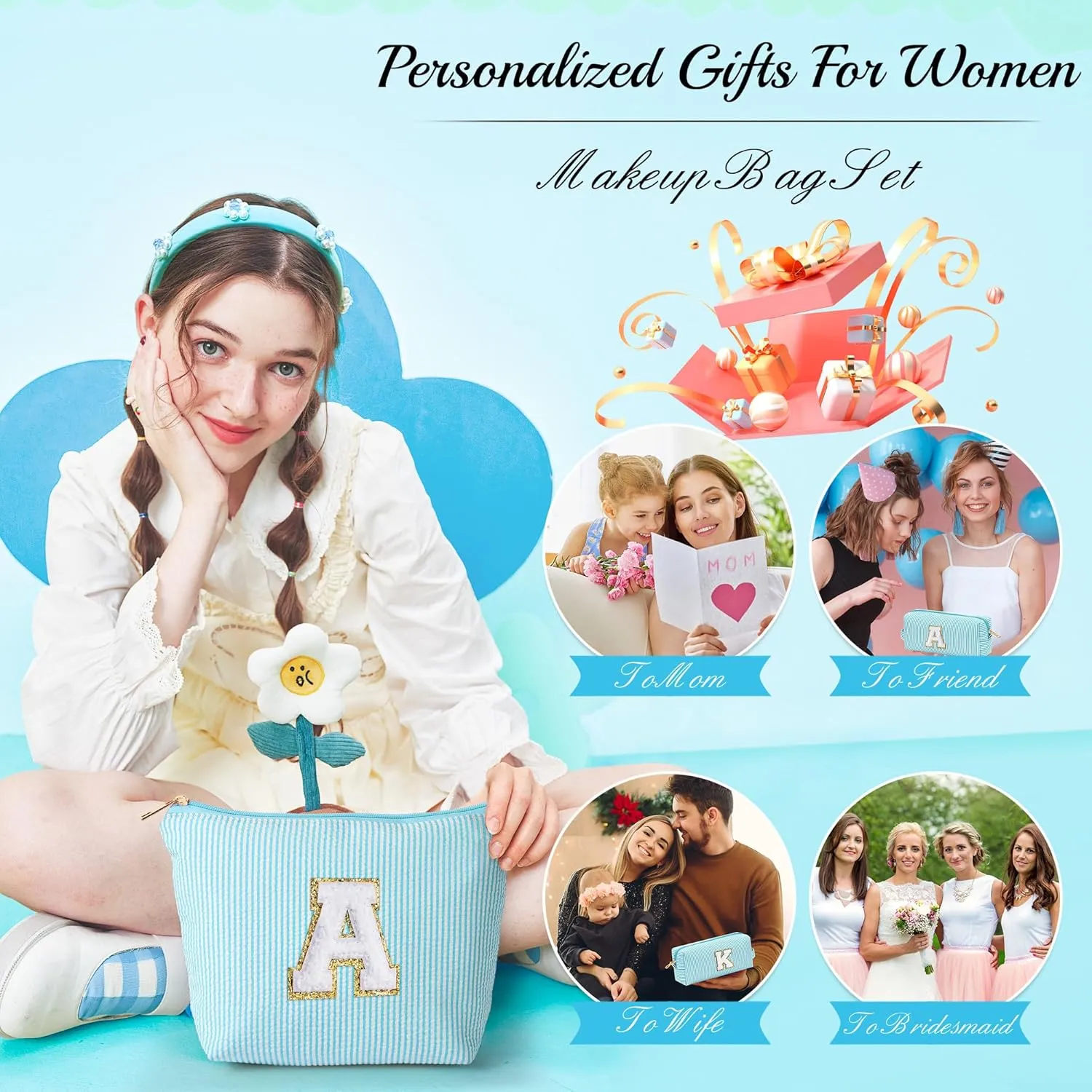 YOOLIFE Skincare for Girls 10-12 - Personalized Initial Makeup BagCosmetic BagTravel Toiletry BagBirthday Gifts for Women Her Bridesmaid Friend Wife Girlfriend Daughter Teacher Birthday Gifts A