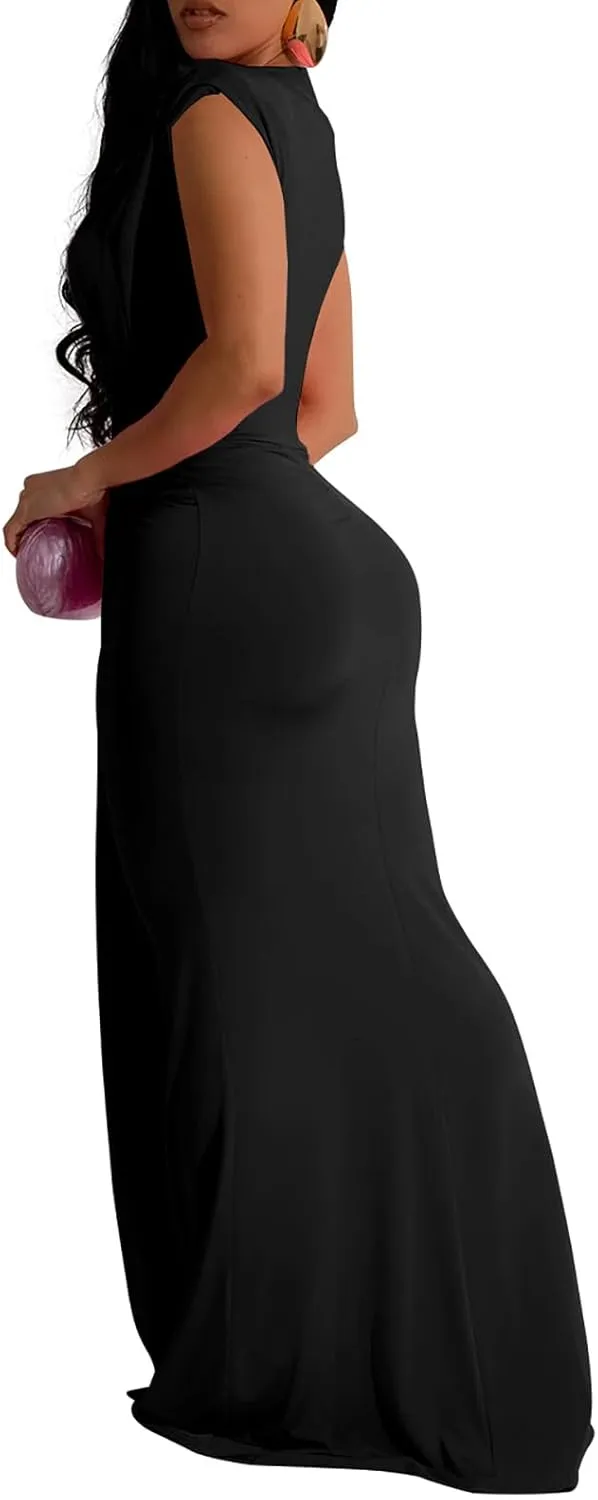Yuopeid Women's Sexy Sleeveless Deep V Neck Fashion Ruched Bodycon Floor Length Formal Evening Party Maxi Long Dress