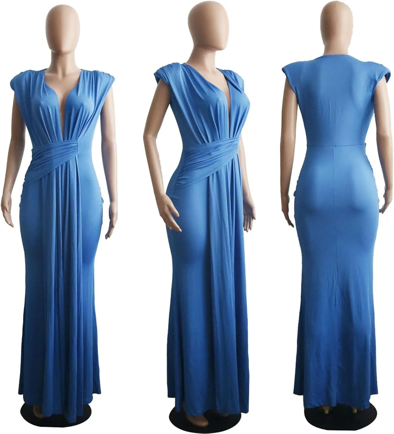 Yuopeid Women's Sexy Sleeveless Deep V Neck Fashion Ruched Bodycon Floor Length Formal Evening Party Maxi Long Dress