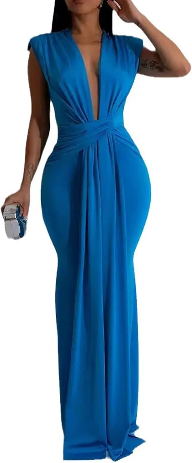 Yuopeid Women's Sexy Sleeveless Deep V Neck Fashion Ruched Bodycon Floor Length Formal Evening Party Maxi Long Dress