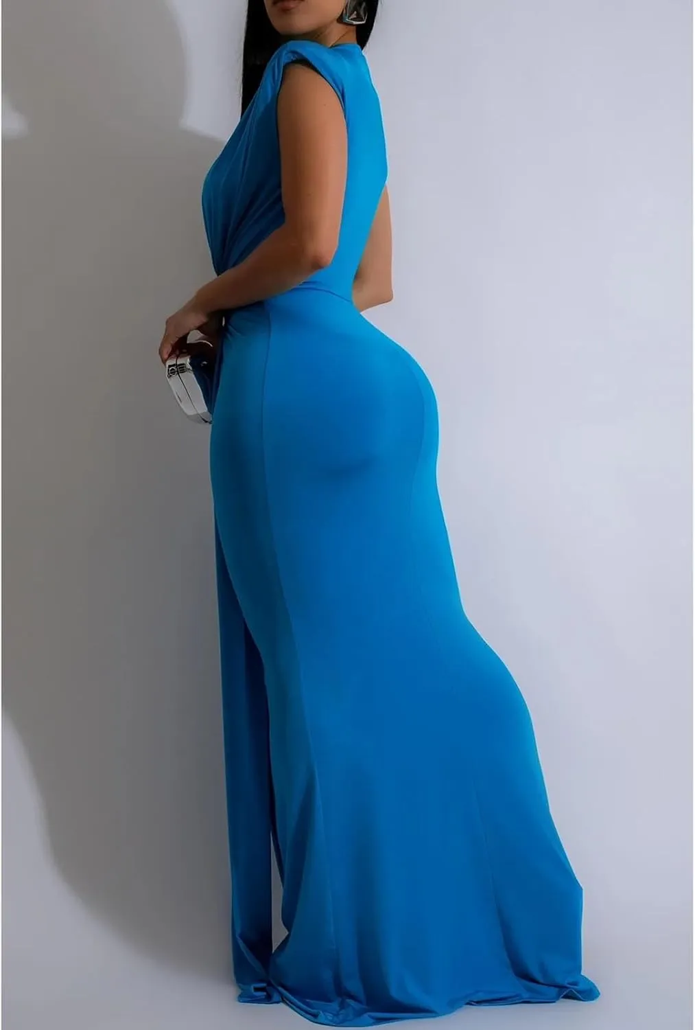 Yuopeid Women's Sexy Sleeveless Deep V Neck Fashion Ruched Bodycon Floor Length Formal Evening Party Maxi Long Dress