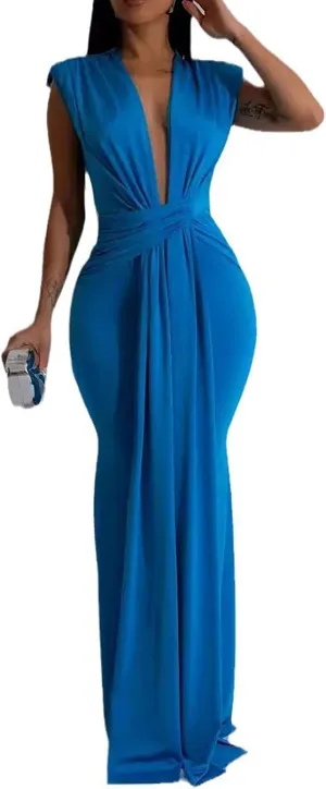 Yuopeid Women's Sexy Sleeveless Deep V Neck Fashion Ruched Bodycon Floor Length Formal Evening Party Maxi Long Dress
