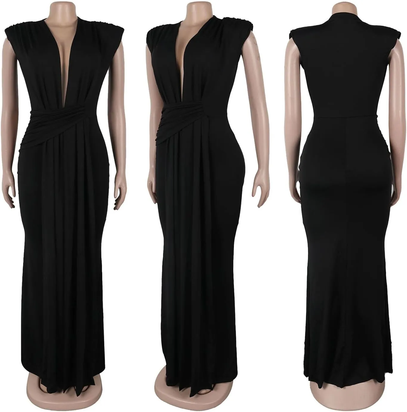Yuopeid Women's Sexy Sleeveless Deep V Neck Fashion Ruched Bodycon Floor Length Formal Evening Party Maxi Long Dress