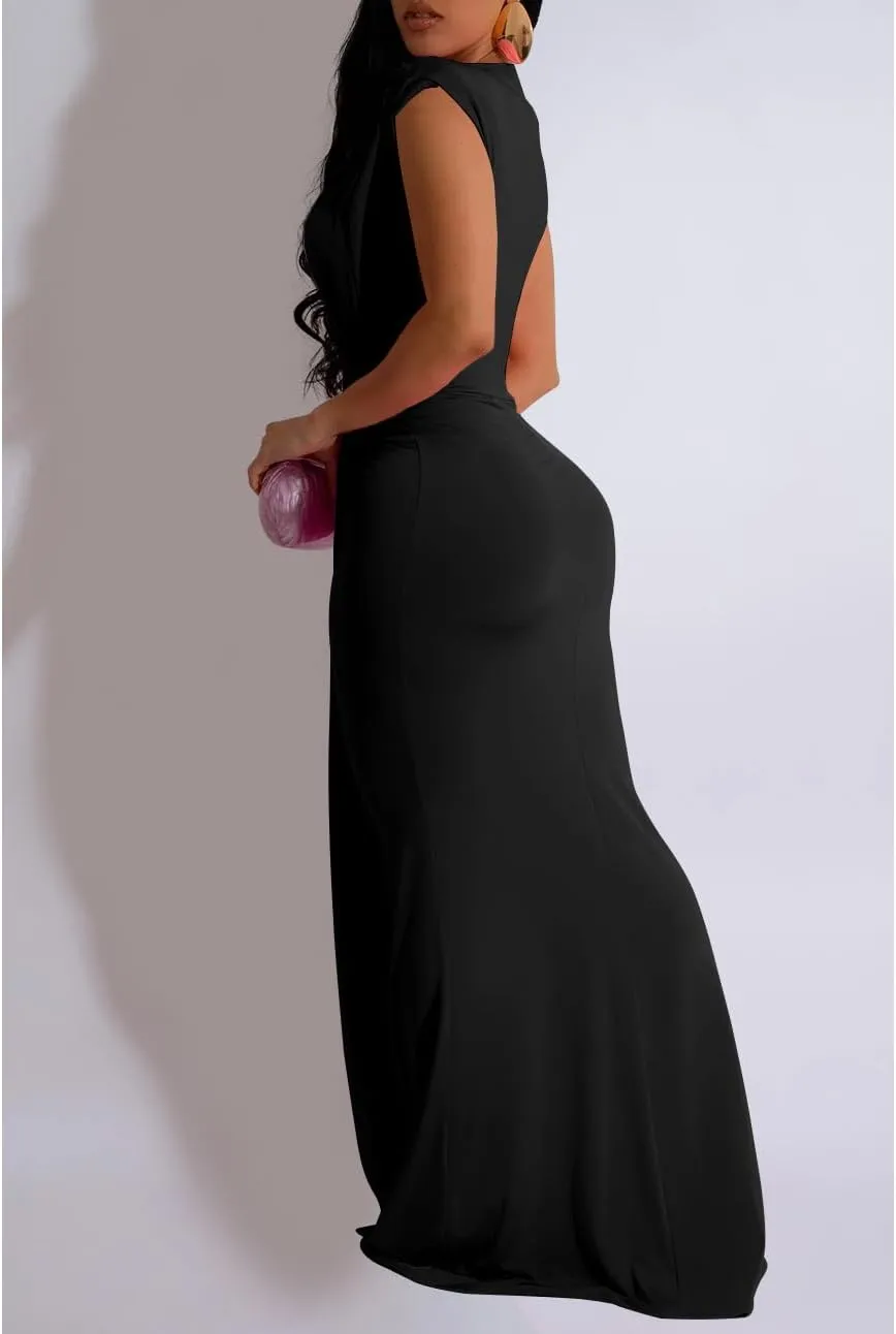Yuopeid Women's Sexy Sleeveless Deep V Neck Fashion Ruched Bodycon Floor Length Formal Evening Party Maxi Long Dress