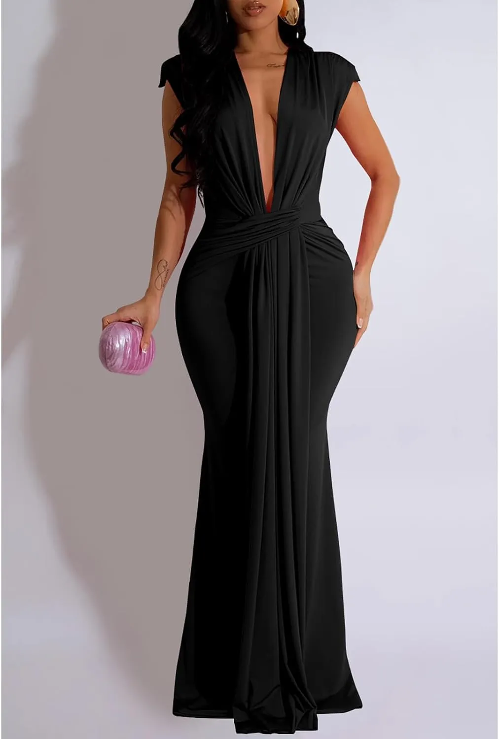 Yuopeid Women's Sexy Sleeveless Deep V Neck Fashion Ruched Bodycon Floor Length Formal Evening Party Maxi Long Dress