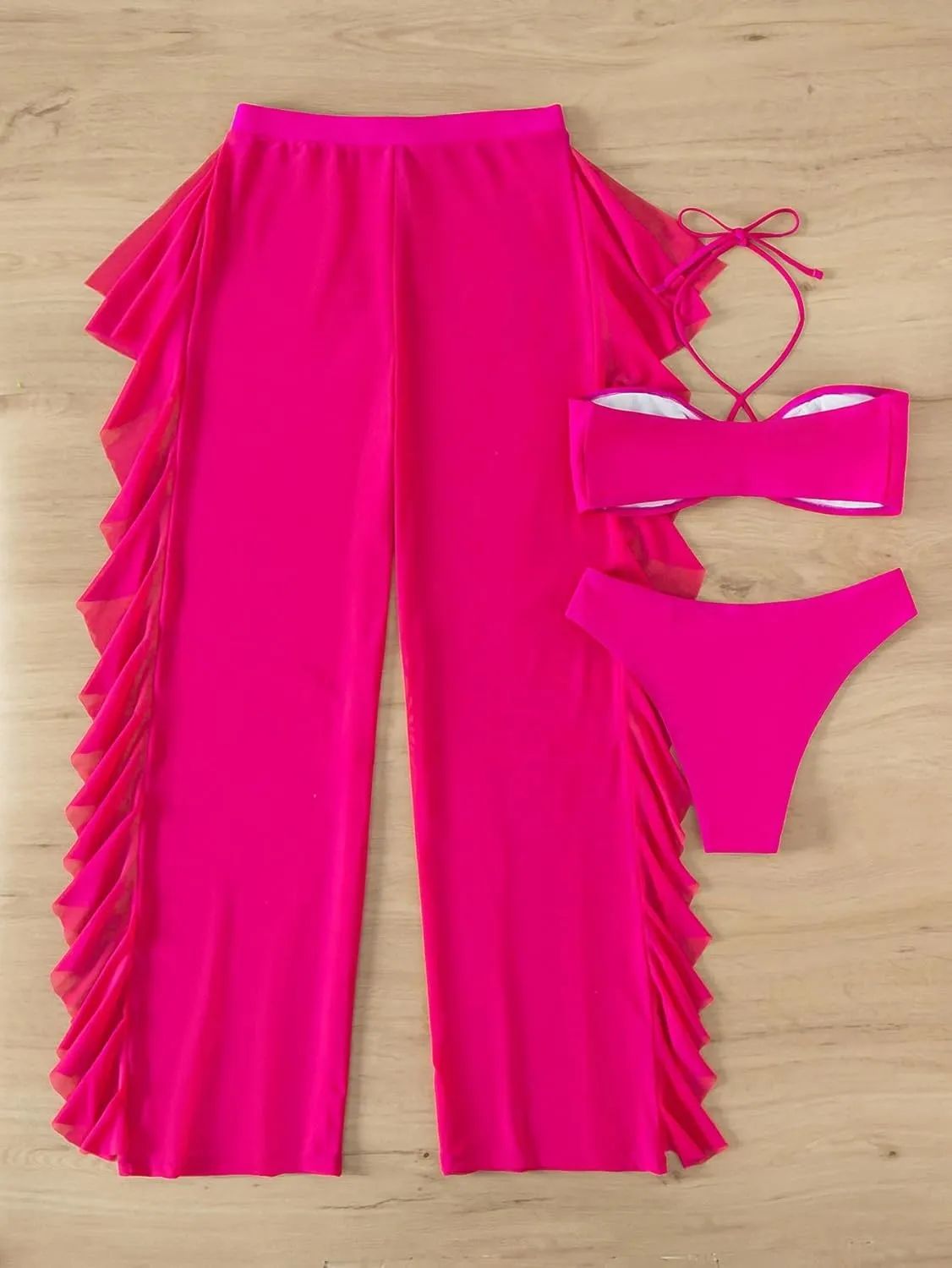 ZAFUL Women's Bikini Sets Halter Swimsuit Bandeau Bathing Suits High Cut 3 Piece with Cover Up Pants