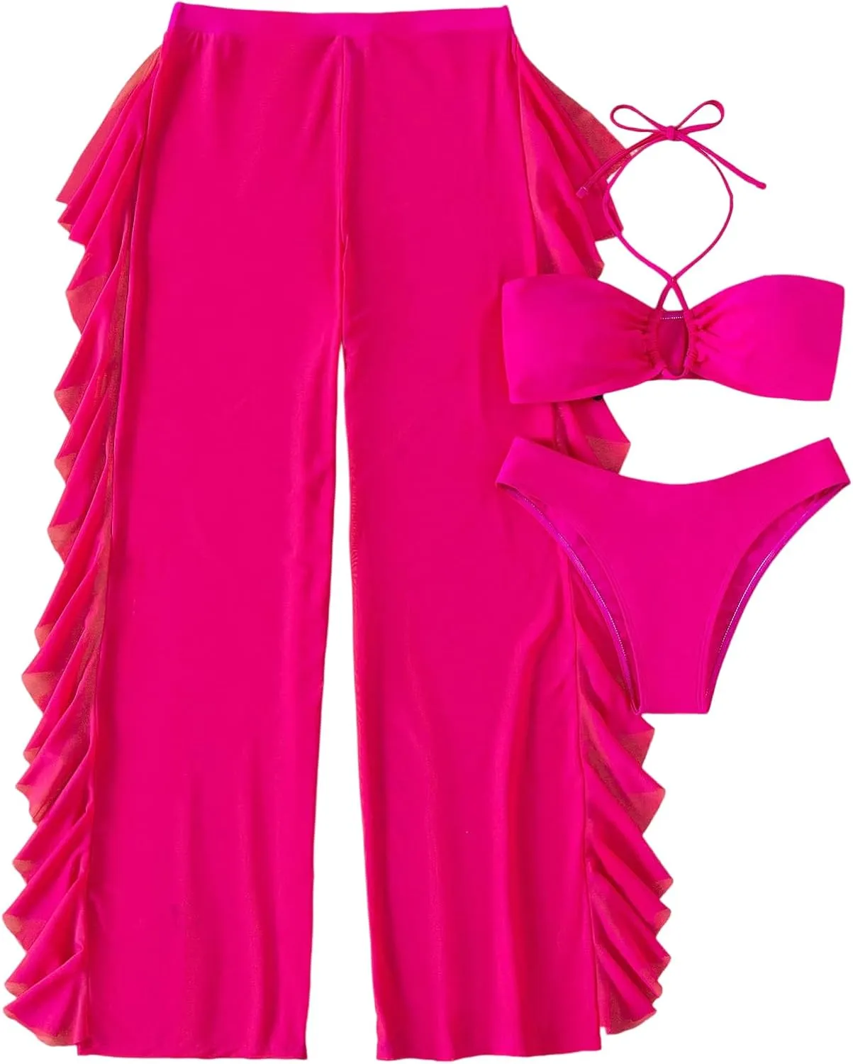 ZAFUL Women's Bikini Sets Halter Swimsuit Bandeau Bathing Suits High Cut 3 Piece with Cover Up Pants