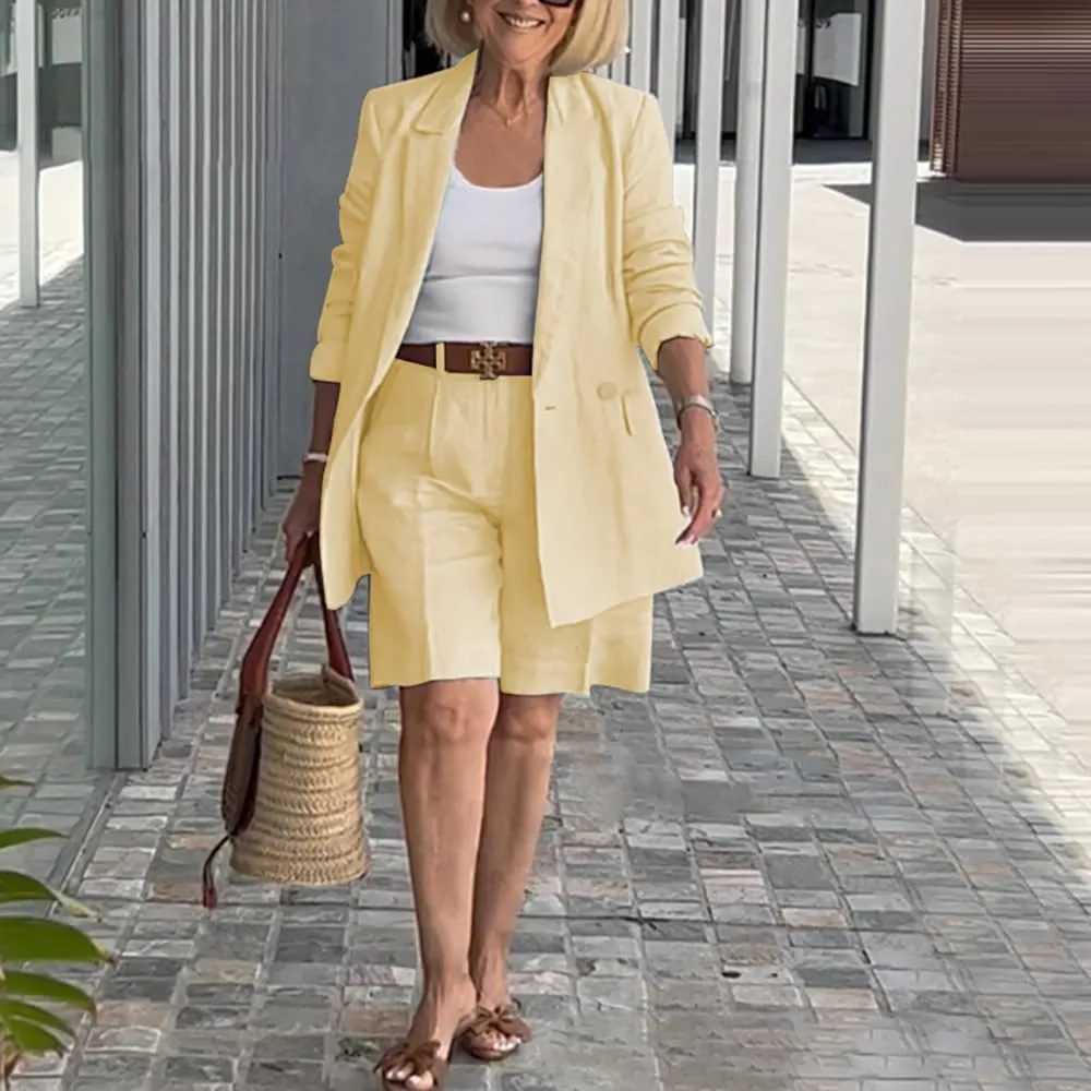 ZOCAVIA Womens Blazer Shorts Set Suit Set 2 Piece Dressy Short Sets Solid Open Front Long Sleeve Suit Jackets and Short Pants