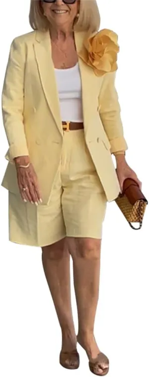 ZOCAVIA Womens Blazer Shorts Set Suit Set 2 Piece Dressy Short Sets Solid Open Front Long Sleeve Suit Jackets and Short Pants